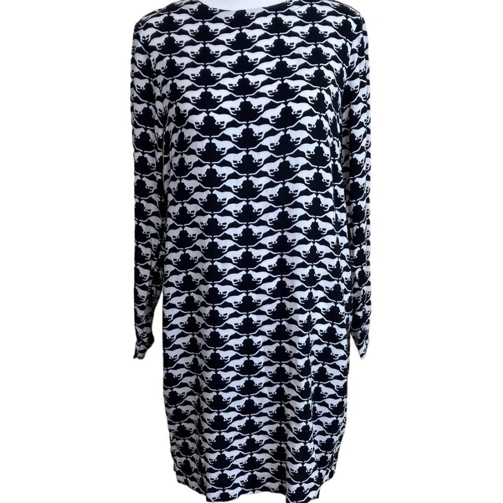 PREPPY BLACK LONG SLEEVE DRESS W/ WHITE CAT PRINT
